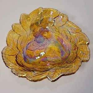 Vintage Amber Indiana Carnival Glass‎ Berries Leaves Triangle Candy Dish